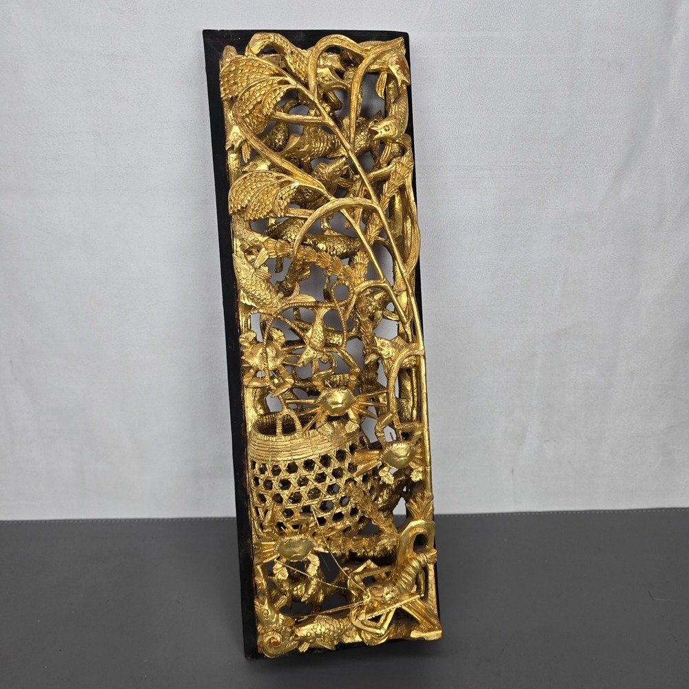 VTG Gold-Tone Chinese Gilt Wood Carving Wall Panel Fish Lobster Crab Fanlight